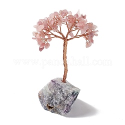 Natural Rose Quartz Tree Display Decoration, Reiki Spiritual Energy Tree, Raw Fluorite Base Feng Shui Ornament for Wealth, Luck, Rose Gold Brass Wires Wrapped, 45~66x76~82x125~133mm