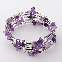 Natural  Amethyst Chip Warp Bracelets, Steel Bracelet Memory Wire with Brass Tube Beads and Iron Round Beads, Platinum, 53mm