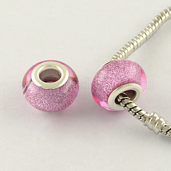 Large Hole Resin European Beads, with Silver Color Plated Brass Double Cores, Rondelle, Pearl Pink, 14x9mm, Hole: 5mm