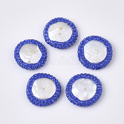 Perline strass polimero argilla, con perla d'acqua dolce naturale coltivata, rotondo e piatto, blu royal, 19~22x19~21x5~8mm, Foro: 0.7 mm