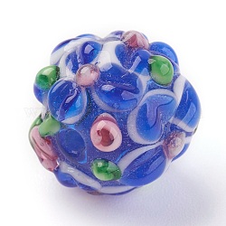 Perles vernissées manuelles, Rondelle avec des fleurs, cahoteuse, bleu royal, 14~15x12~13mm, Trou: 1.5~1.8mm