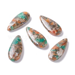 Pendentifs quartz orange naturel assemblés & jade serpentine, avec une ligne de laiton, larme, 35x15x6mm