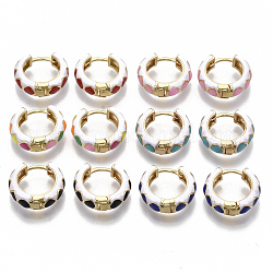 Латунные английском замке Серьги-кольца, с двухцветной эмалью, реальный 18k позолоченный, ромб шаблон, разноцветные, 15.5x16.5x5 мм, штифты : 1x1 мм