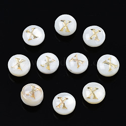 Natural Freshwater Shell Beads, with Golden Plated Brass Etched Metal Embellishments, Flat Round with Letter, Seashell Color, Letter.X, 6x4mm, Hole: 0.8mm