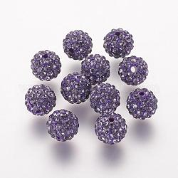 Abalorios de Diamante de imitación de arcilla polímero, Grado A, redondo, Pave bolas de discoteca, terciopelo púrpura, 8x7.5mm, agujero: 1 mm