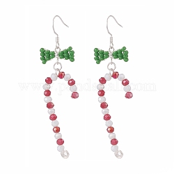 Glass Beaded Christmas Candy Cane with Bowknot Dangle Earrings, 304 Stainless Steel Wire Wrap Jewelry for Women, Colorful, 79mm, Pin: 0.7mm