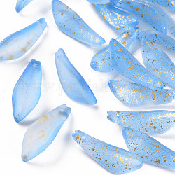 Pulvérisation peint pendentifs en verre transparent, une feuille d'or, mat, Pétalin, bleuet, 25.5x9x4mm, Trou: 1mm