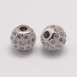 Brass Micro Pave Cubic Zirconia Beads, Round, Platinum, 6x5.5mm, Hole: 2mm