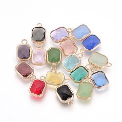 Glass Pendants, with Brass Findings, Faceted, Octagon, Mixed Color, 14x8.5x3.5mm, Hole: 2mm
