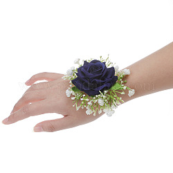 絹布模造バラ手首コサージュ  花嫁またはブライドメイドのための手の花  結婚式  パーティーの装飾  プルシアンブルー  100x90mm