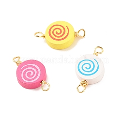 Spray Painted Wood Connector Charms, with Golden Tone Copper Wire Loops, Flat Round, Mixed Color, 31.5~33.5x17x6mm, Hole: 3.5~4mm