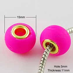 Glass European Beads, with Golden Plated Brass Double Cores, Large Hole Beads, Rubberized Style, Rondelle, Magenta, 15x11mm, Hole: 5mm