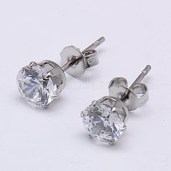 Cubic Zirconia Ear Studs, with 304 Stainless Steel Base, Flat Round, Stainless Steel Color, 5mm, Pin: 0.7mm