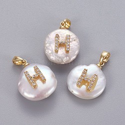 Pendentifs de perles d'eau douce de culture naturelle, avec accessoires zircon cubique micro pave en laiton, pépites avec lettre, Plaqué longue durée, or, clair, letter.h, 17~27x12~16x6~12mm, Trou: 4x2.5mm
