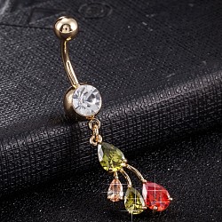 Piercing Jewelry, Brass Cubic Zirconia Navel Ring, Belly Rings, with Surgical Stainless Steel Bar, Cadmium Free & Lead Free, Real 18K Gold Plated, Colorful, 47x10mm, Bar: 15 Gauge(1.5mm), Bar Length: 3/8