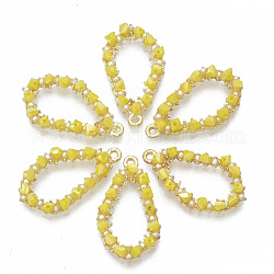 Ciondoli di vetro, con perle in plastica imitazione perla e leghe chiare color oro, lacrima, giallo, 29.5x17x4mm, Foro: 1.6 mm