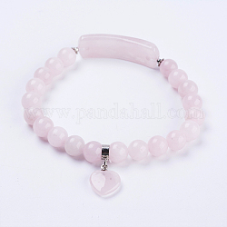 Bracelets extensibles en quartz rose naturel, avec les accessoires en alliage, cœur, 2-3/8 pouces (61 mm)