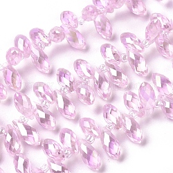 Glas facettierte Tropfen Perlen Stränge galvanisieren, oben gebohrte Perlen, ab Farbe plattiert, rosa, 11.5~13x6 mm, Bohrung: 1 mm, ca. 100 Stk. / Strang, 16.5 Zoll