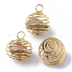 Colgantes de jaula de cuentas en espiral envolventes de hierro, con cuentas de jaspe de imagen natural en el interior, redondo, dorado, 21x24~26mm, agujero: 5 mm