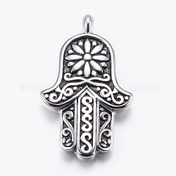 304 Stainless Steel Big Pendants, Hamsa Hand/Hand of Fatima/Hand of Miriam with Flower, Antique Silver, 70x41x7mm, Hole: 5mm