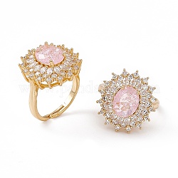 Anello regolabile ovale in vetro rosa con zirconi cubici, gioielli in ottone per le donne, vero placcato oro 18k, misura degli stati uniti 6 1/2 (16.9mm)