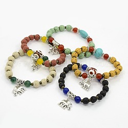 Synthetical Lava Stretch Elephant Charm Bracelets, with Alloy Pendants, Agate Beads, Turquoise and Brass Beads, Mixed Color, 58mm