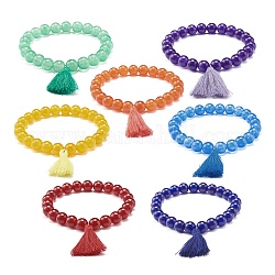 Set di bracciali elastici con perline tonde in giada della Malesia tinti naturali, braccialetto con nappe, 7 gioielli chakra per lei, colore misto, diametro interno: 2-1/8 pollice (5.4 cm), 7 pc / set