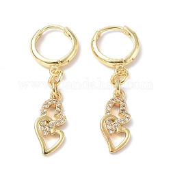 Boucles d'oreilles créoles pendantes double cœur avec oxyde de zirconium transparent, bijoux en laiton de placage en rack pour la saint valentin, or, 36mm, pin: 0.9 mm