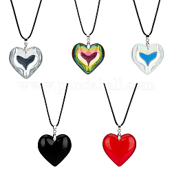 FIBLOOM 5Pcs 5 Colors Heart Glass Pendant Necklaces Set with Waxed Cord for Women, Mixed Color, 17.72 inch(45cm), 1Pc/color