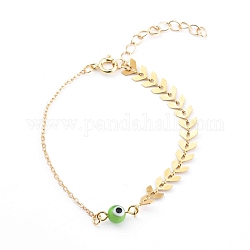 Bracelets de perles rondes au chalumeau mauvais œil, avec 304 chaînes épis en acier inoxydable et chaînes porte-câbles en laiton, or, vert olive, 6-3/4 pouce (17.1 cm)
