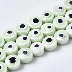 Brins de perles en céramique de porcelaine faites à la main, porcelaine émaillée lumineux, rond et plat avec des mauvais œil, miellat, 8x5mm, Trou: 1.5mm, Environ 40 pcs/chapelet, 12.01 pouce (30.5 cm)