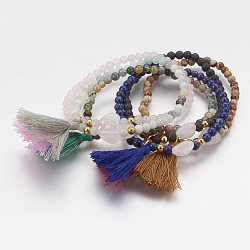 Cotton Thread Tassel Charm Bracelets, with Natural Gemstone Beads and Brass Beads, 2-1/8 inch(55mm)