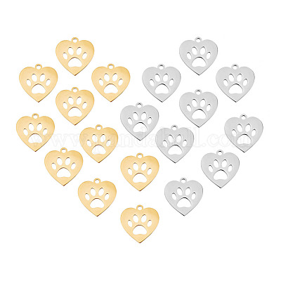 CHGCRAFT 20pcs 2 Colors 201 Stainless Steel Charms, Laser Cut Pendants, Heart with Dog Paw Prints, Mixed Color, 15x15x1mm, Hole