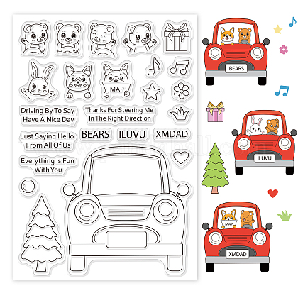 GLOBLELAND Animal Drivers Theme Clear Stamps Car Tree Bear Rabbit Puppy Silicone Clear Stamp Seals for Cards Making DIY Scrapbooking Photo Journal Album Decor Craft DIY-WH0167-56-629-1