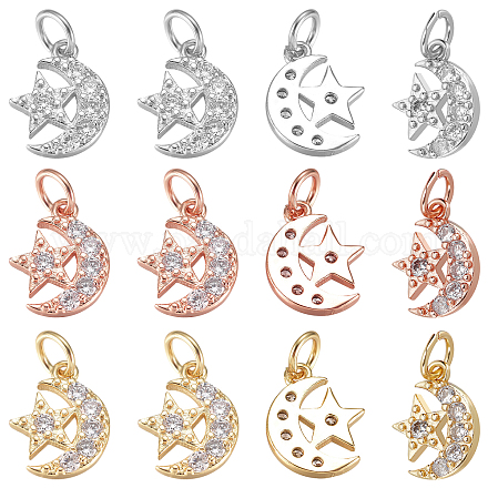 Nbeads 12Pcs 3 Colors  Brass Micro Pave Cubic Zirconia Charms ZIRC-NB0001-81-1