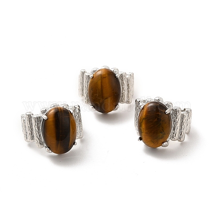 Natural Tiger Eye Oval Open Cuff Ring RJEW-P082-03P-03-1