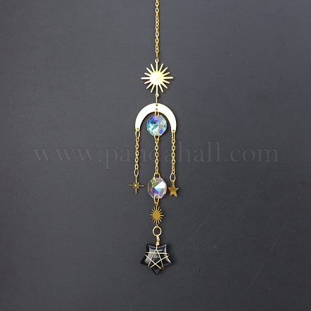 Attrape-soleil étoile en obsidienne naturelle ornements suspendus avec soleil en laiton HJEW-PW0002-13D-1