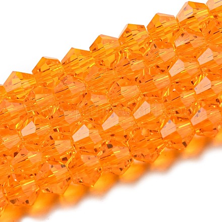 クリアガラスビーズ連売り  多面カット  双円錐形  オレンジ  4x4mm  穴：0.8mm  約87~98個/連  12.76~14.61インチ（32.4~37.1cm） GLAA-F029-4mm-23-1