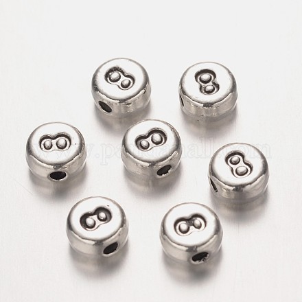 Flat Round Antique Silver Tone Alloy Number Beads PALLOY-K194-08AS-1