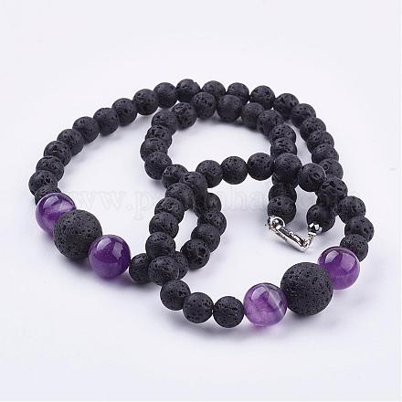 Natural Amethyst Beaded Necklaces & Stretch Bracelets Jewelry Sets SJEW-JS00918-05-1