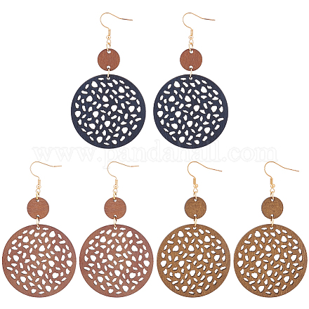 Anattasoul 3 пара 3 цвета полые плоские круглые деревянные серьги-гвоздики с железными булавками для женщин EJEW-AN0003-90-1