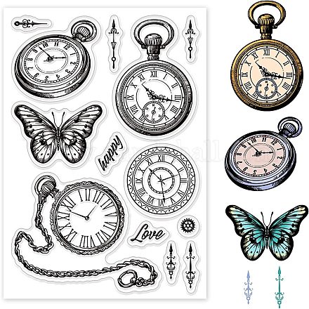 GLOBLELAND Vintage Clock Clear Stamps Pocket Watch Butterfly Silicone Clear Stamp Seals for Cards Making DIY Scrapbooking Photo Journal Album Decoration DIY-WH0167-56-834-1