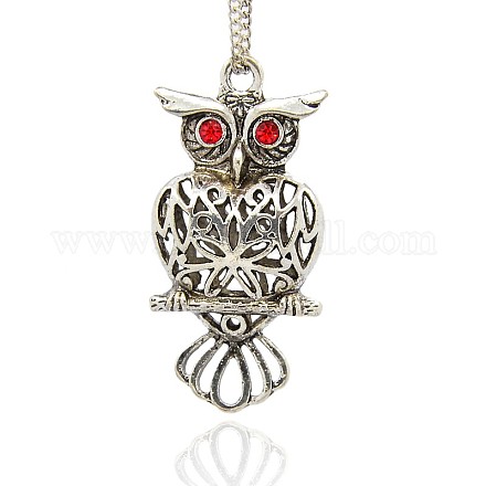 Antique Silver Alloy Rhinestone Hollow Owl Pendants for Halloween Jewelry PALLOY-J203-08AS-1