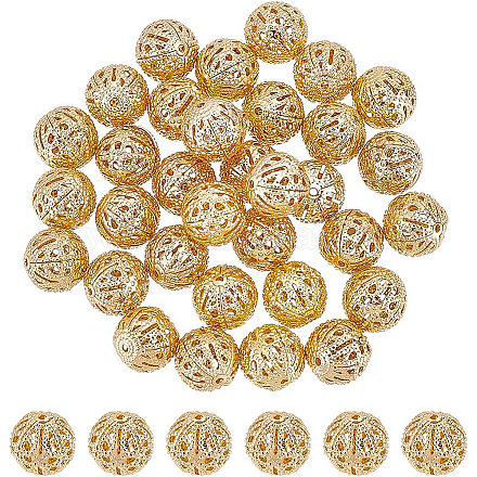BENECREAT 40 PCS Real 18k Brass Plated Real Gold Brass Round Filigree Beads Hollow Filigree Beads KK-BC0008-73-1