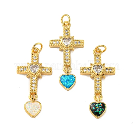 Croce con cuore pendenti in ottone con micro pavè di zirconi e opale sintetico KK-K356-05G-1