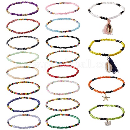 Ensemble de bracelets de cheville extensibles en perles de rocaille en verre étincelant AJEW-SW00004-1
