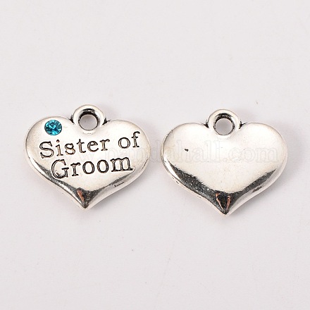 Antique Silver Tone Tibetan Style Heart with Sister of Groom Rhinestone Charms X-TIBEP-N005-08D-1