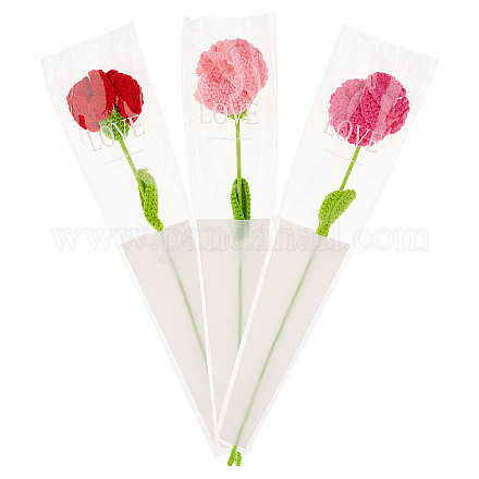 FINGERINSPIRE 3pcs Handmade Knitted Carnation Flower with Bouquet Package Bag 3 Color (Pearl Pink/Dark Pink/Red) Knitted Crochet Carnation Single Carnation for Mom Grandma AJEW-FG0001-80-1