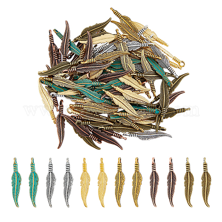 Dicosmetic 144 Uds. 6 colores antiguos dijes de plumas aleación tibetana colgante de plumas largas fornituras de joyería colgantes colgantes de hojas para collar pulsera fabricación de pendientes artesanía diy FIND-DC0002-11-1