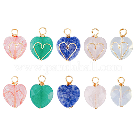 SUPERFINDINGS 10Pcs 5 Styles Faceted Heart Stone Charms Pendants Wire Wrapped Gemstone Pendant 21x15x8.5mm Natural Quartz Crystal Pendant for Necklace Jewelry Making FIND-FH0005-65-1